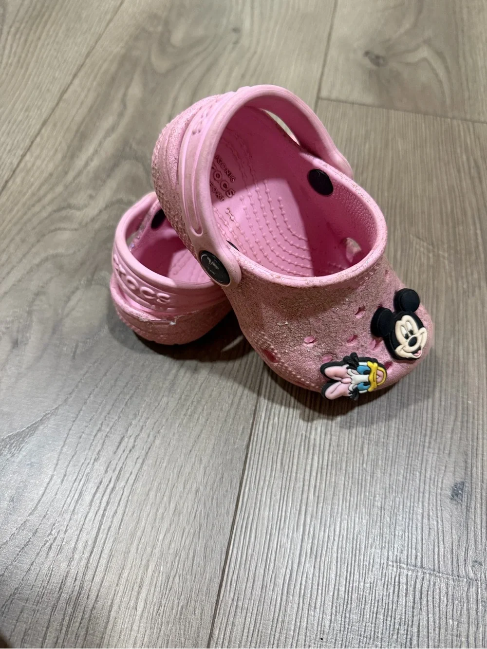 CROCS Kids Pink Glitter Classic Clogs with Character Jibbitz